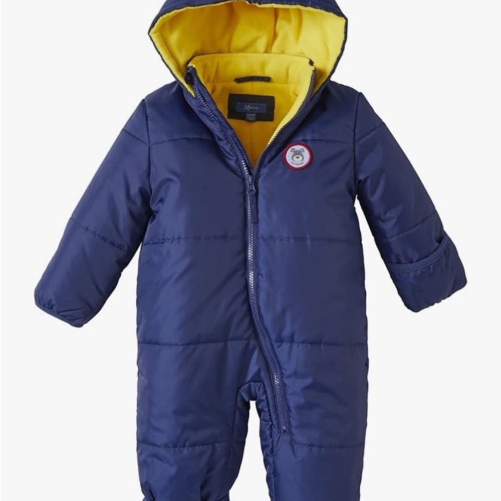 Baby Infant Navy Blue Hooded Snowsuit with Yellow Lining Pram